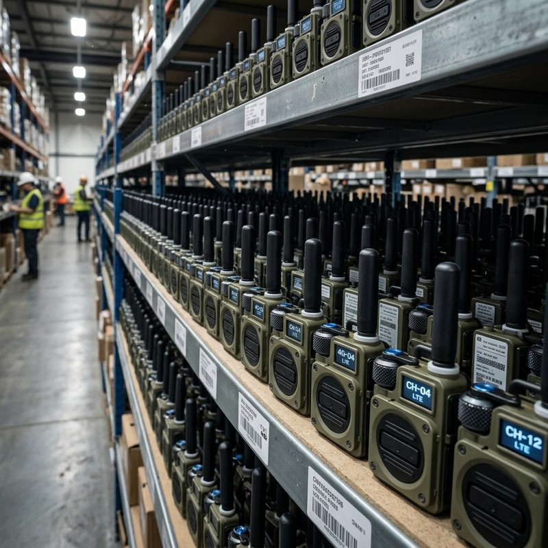 TalkiesWorldWide bulk warehouse — 4G radios ready for shipment