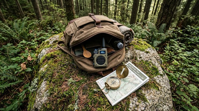 Hiking backpack with TalkiesWorldWide radio, compass and trail map in forest