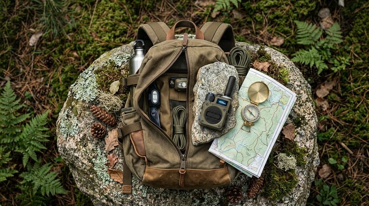 Backpack open on mossy rock with radio, compass and map