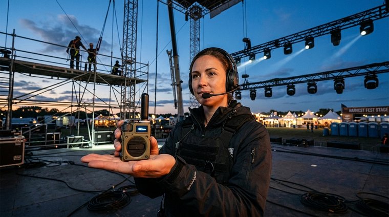 Event coordinator showing TalkiesWorldWide radio at festival stage setup
