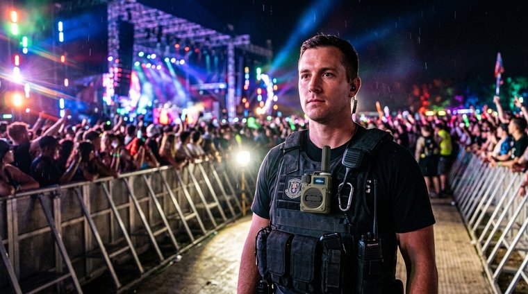 Security guard with radio at music festival with crowd and stage lights