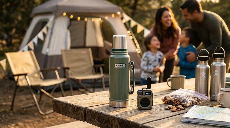 Family campsite with TalkiesWorldWide radio on picnic table
