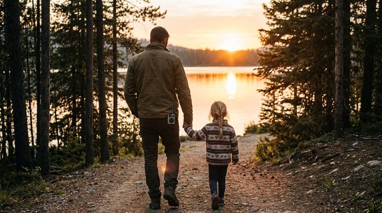 Father and daughter walking hand in hand on lakeside trail at sunset