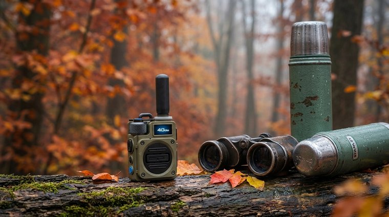 TalkiesWorldWide radio on log with binoculars and thermos in autumn forest
