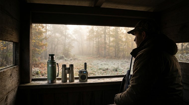 Hunter in deer blind looking out at misty forest clearing