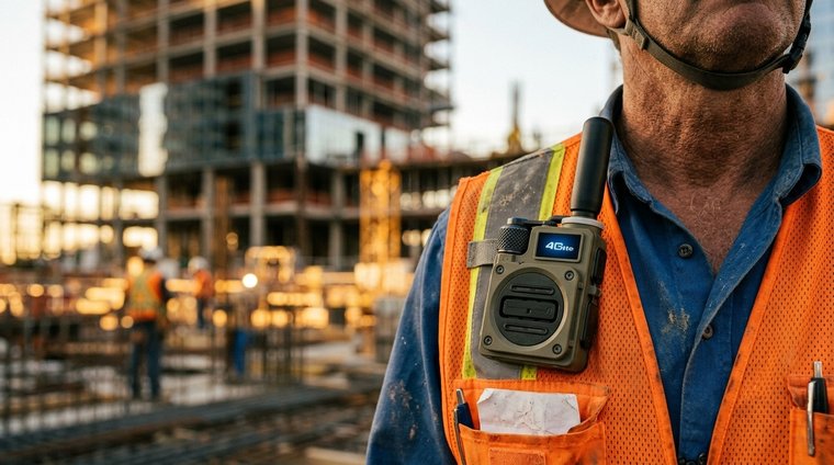 Construction worker with TalkiesWorldWide radio clipped to vest on active jobsite