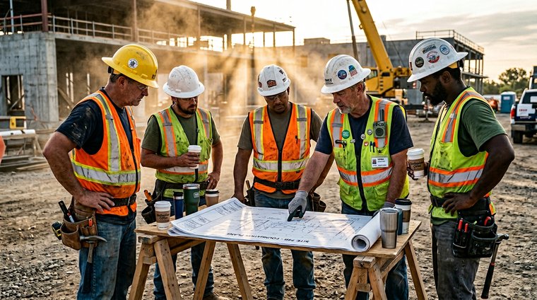 Construction crew morning huddle reviewing blueprints
