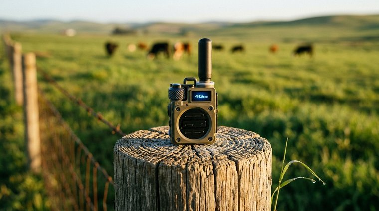 TalkiesWorldWide radio on fence post with cattle pasture in background