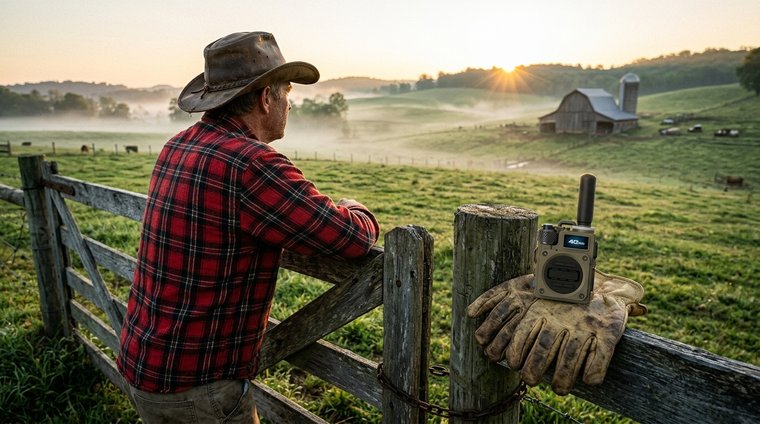 Farmer leaning on gate overlooking misty pasture at sunrise