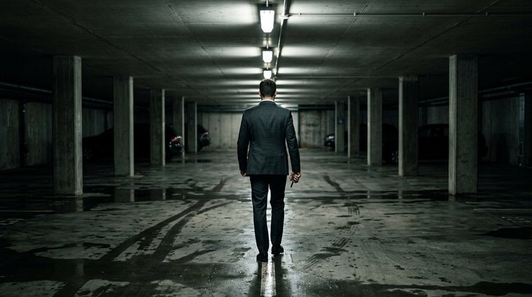 Man in suit walking through dimly lit parking garage