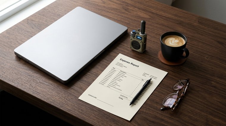 TalkiesWorldWide radio on business desk with laptop and expense report