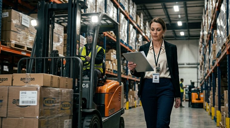Warehouse manager with clipboard walking alongside forklift