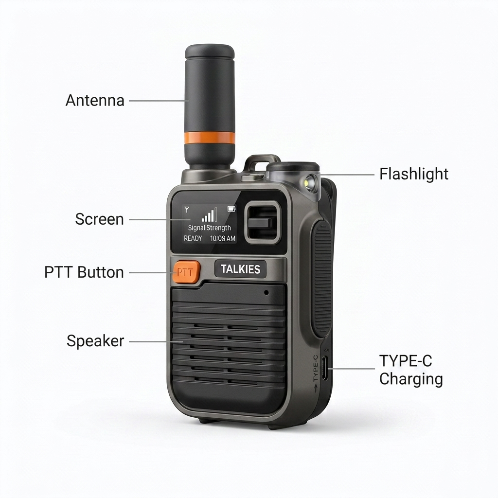 TalkiesWorldWide 4G Push-to-Talk Radio — labeled diagram