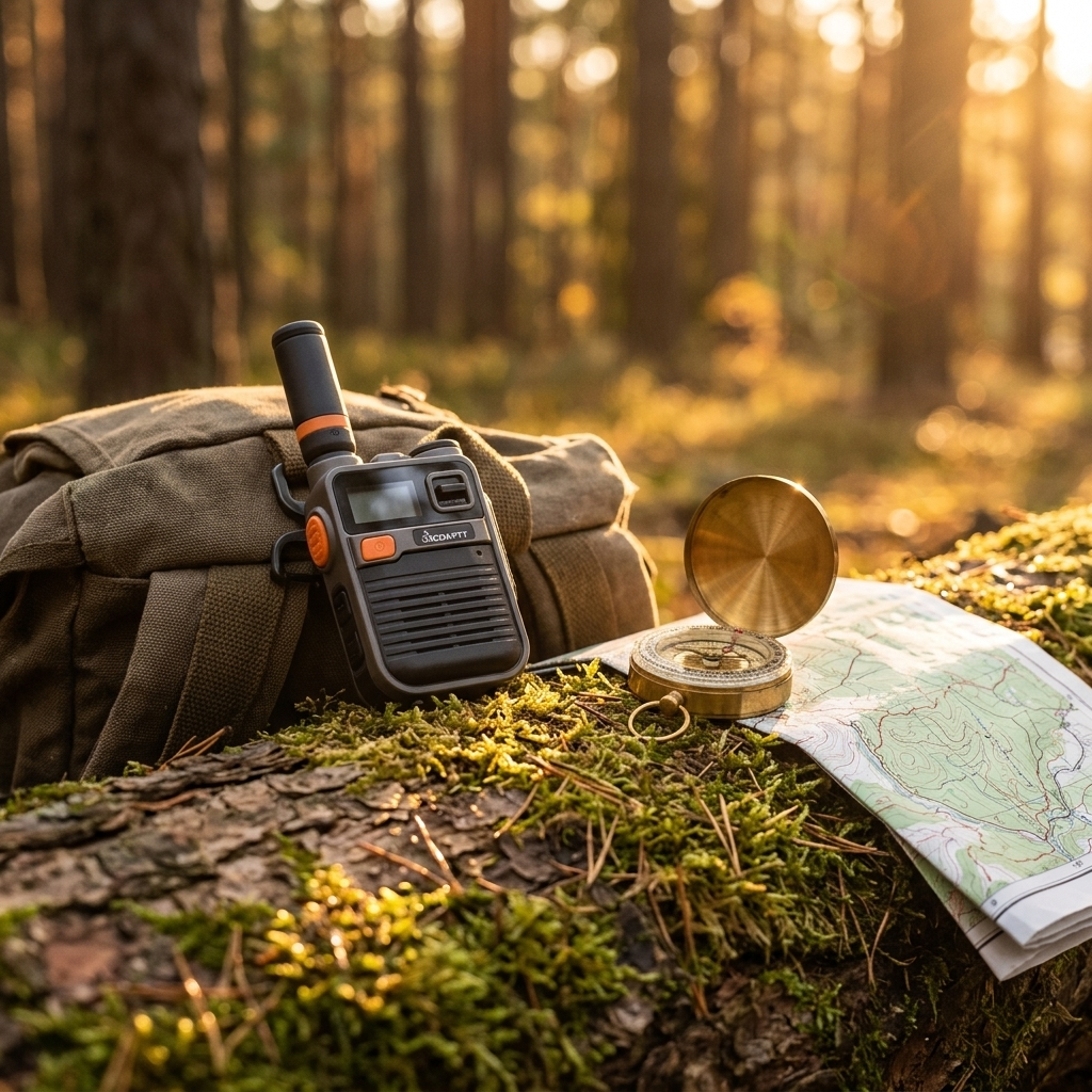 Walkie talkie with compass and adventure gear