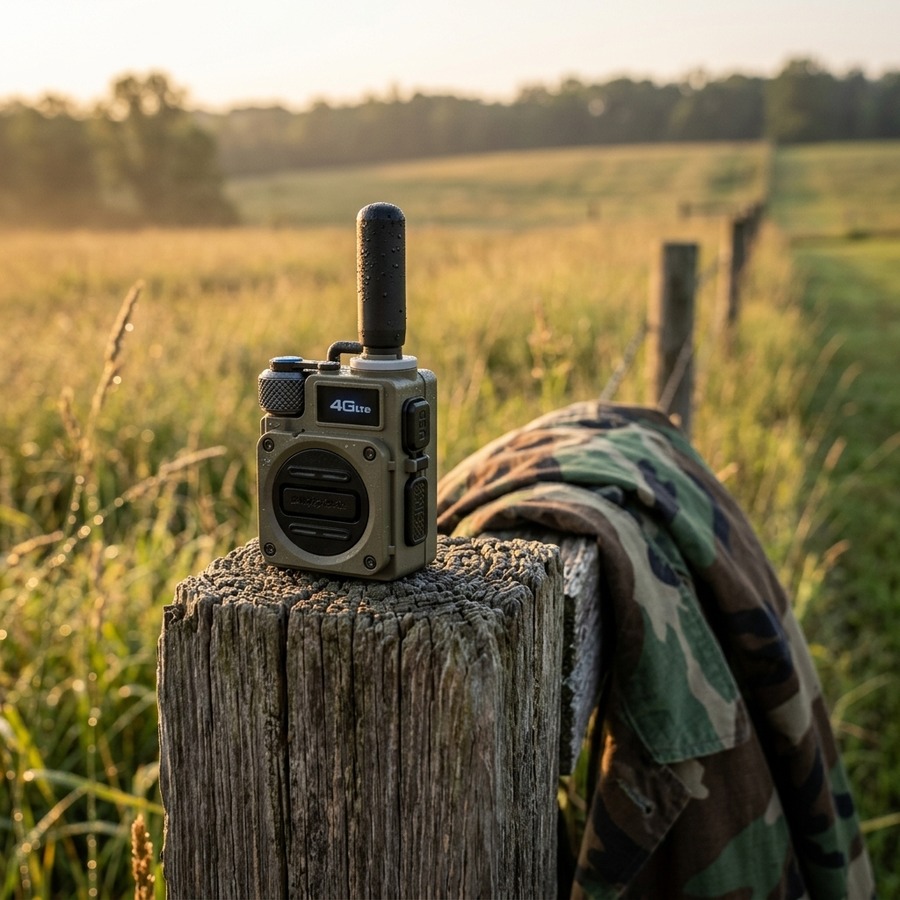 Walkie talkie on mossy rock in pine forest
