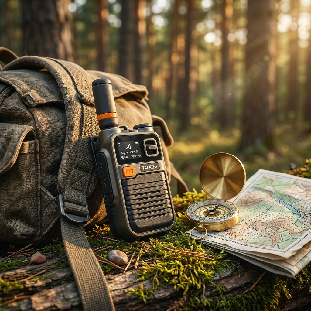 Walkie talkie on mossy rock in pine forest