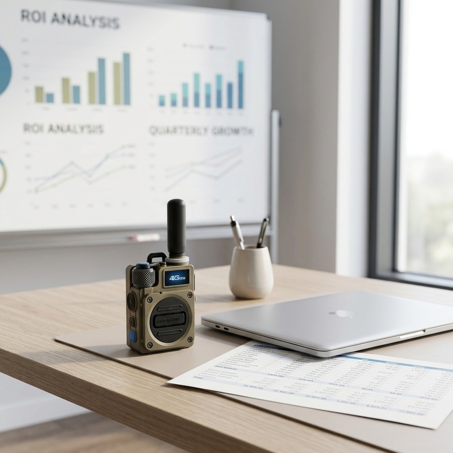 Walkie talkie on office desk with ROI charts