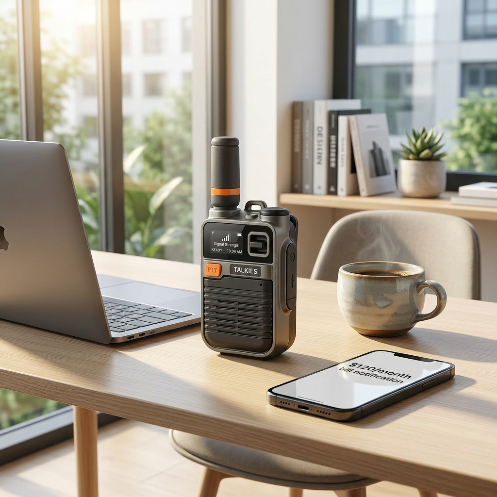 Walkie talkie on office desk with ROI charts
